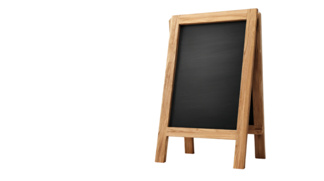 Wooden Chalkboard: A versatile wooden chalkboard stands on a plain background, inviting customization and perfect for announcements or creative displays, reflecting a rustic and inviting charm.