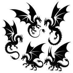 Silhouette illustration showing five dragons with spread wings in various poses on white background