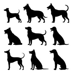Silhouette vector art showcasing a collection of various dog breeds in different poses and stances