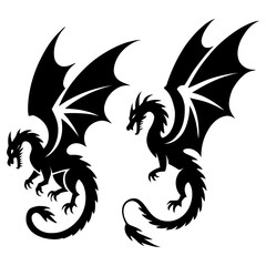 Two dragon silhouettes with intricate wing details and curled tails in a striking black design