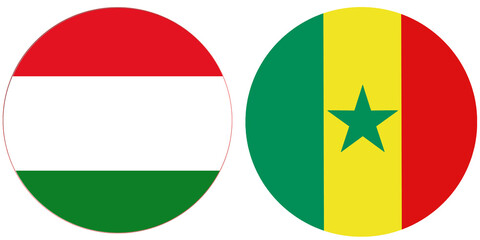Hungry Official flag with Senegal national flag, both countries flags are in Round shape and isolated on white background, Circular colorful design Flag with together.
Senegalese