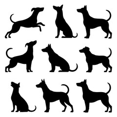 Collection of nine black dog silhouettes in various poses on a white background design art