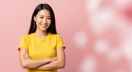 Confident woman smiling in yellow t shirt against pink background for modern portrait design