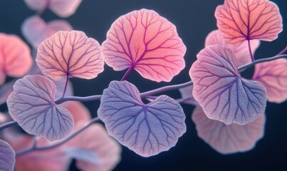 Naklejka premium Pink leaves, branch, dark background, botanical illustration, website design