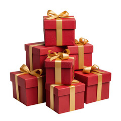 Stack of red gift boxes with gold ribbon isolated on transparent background