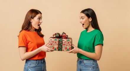 Surprise gift exchange between two friends wearing colorful shirts on beige background