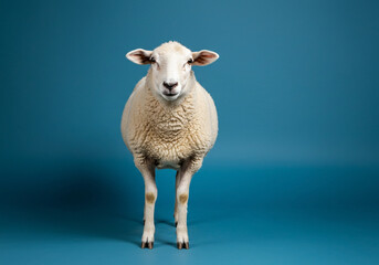 Obraz premium Adorable Sheep Standing on Teal Background Farm Animal Photography Wool Fleece Livestock