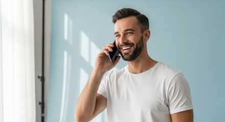 Happy man talking on smartphone in bright room for communication and lifestyle theme