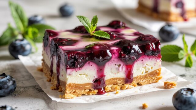Homemade blueberry cheesecake without baking, laid out on a light marble surface. Cheesecake filling made from whole fresh blueberries covered with shiny blueberry glaze.