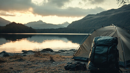 Lake camping at sunset