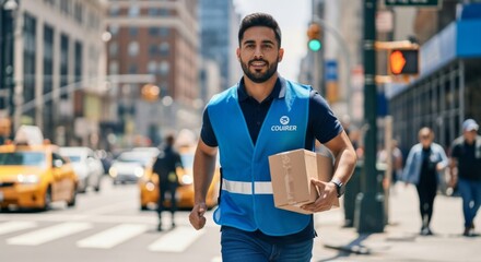 Urban courier in blue uniform delivering package on busy city street