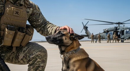 Military training scene with soldier and dog on airfield with helicopter in background