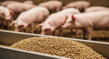 Pig farming scene with focus on feed in trough for livestock care and nutrition