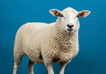 Obraz premium A fluffy white sheep stands against a vibrant blue background showcasing its soft wool and gentle expression a perfect farm animal portrait.