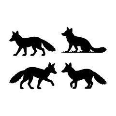 Four fox silhouettes in various poses standing and sitting isolated on a white background design vector