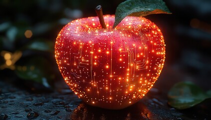 A glowing apple with circuit board design