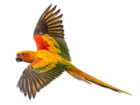 Sun Conure Parrot Flying with Open Wings Isolated on transparent background, Isolated Png file, Cut-out, Isolate Png, No Background, Isolated object