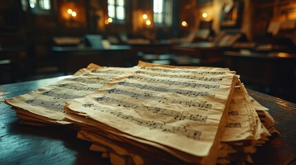 Aged sheet music rests on a dark wooden table in a dimly lit room
