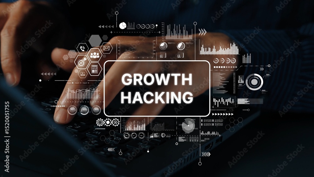 Poster modern growth hacking techniques with data visualization for digital marketing strategies. asymptoti