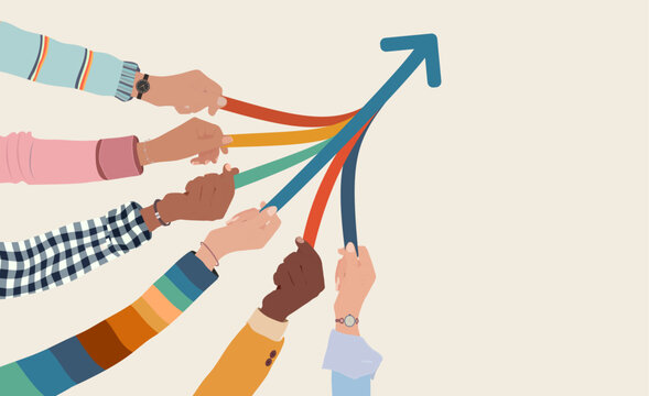 Diverse hands pulling together colorful arrows forming an upward arrow symbolizing growth and unity 