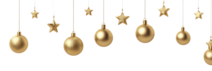 Festive Ornament: Elegant gold ornaments and stars, gracefully suspended against a pure backdrop, evoke the enchanting ambiance of a seasonal celebration.