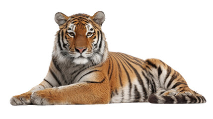 Obraz premium Majestic Tiger: A stunning shot of a tiger, the apex predator, lying down, exuding power and elegance in its natural stripes.
