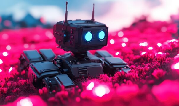 Robot in pink field, futuristic landscape, exploring alien flora