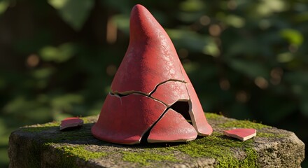 A fractured garden red gnome hat perched on stone