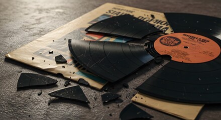 A shattered vinyl record revealing cardboard sleeve