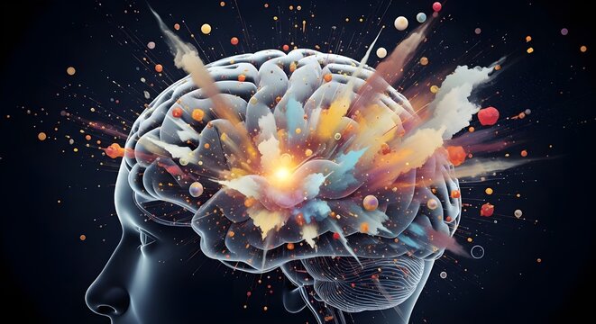 Mind Expansion Concept - Human Brain Exploding with AI-Generated Knowledge and Cosmic Creativity
