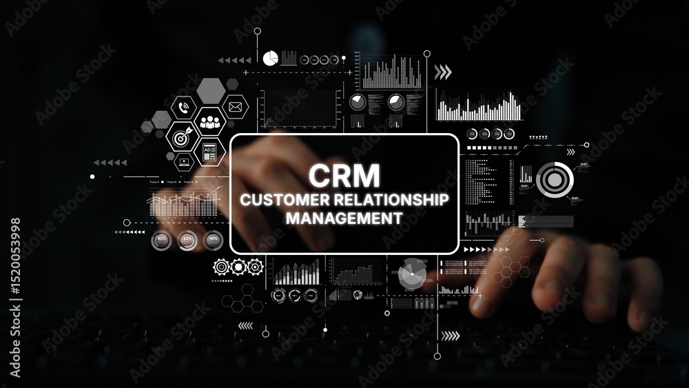 Poster Professional Hands Typing on Keyboard with CRM Concept Graphics and Data Visualizations for Customer Relationship Management. Asymptotic smart data analytic.
