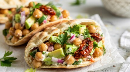Homemade pita bread stuffed with dried tomatoes and chickpeas. Filling with chickpeas, red onion, celery, cucumbers, mashed avocado, dried tomatoes, fresh parsley and dill.