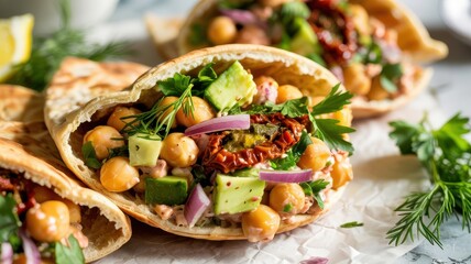 Homemade pita bread stuffed with dried tomatoes and chickpeas. Filling with chickpeas, red onion, celery, cucumbers, mashed avocado, dried tomatoes, fresh parsley and dill.