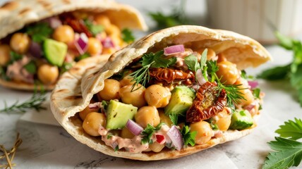 Homemade pita bread stuffed with dried tomatoes and chickpeas. Filling with chickpeas, red onion, celery, cucumbers, mashed avocado, dried tomatoes, fresh parsley and dill.