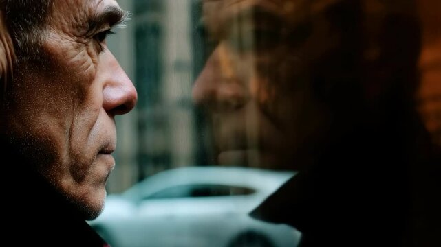 Contemplative Portrait of Elderly Man Reflecting in Window with Urban Background and Soft Light