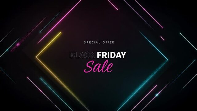 Stylish Black Friday sale banner concept &ndash; dark theme with glowing neon highlights, empty area for discount code or slogan, dynamic diagonal lines suggesting motion and urgency