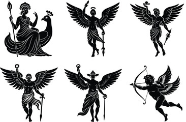 Ancient Gods And Angels Black Vector Silhouettes Mythology Illustrations Collection On White