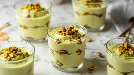 Dessert with pistachio cream is served in small transparent cups, each filled with delicate pistachio cream. The cream is generously sprinkled with finely chopped fried pistachios.