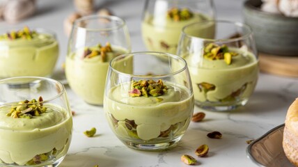 Dessert with pistachio cream is served in small transparent cups, each filled with delicate pistachio cream. The cream is generously sprinkled with finely chopped fried pistachios.