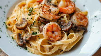Shrimp fettuccine with mushrooms