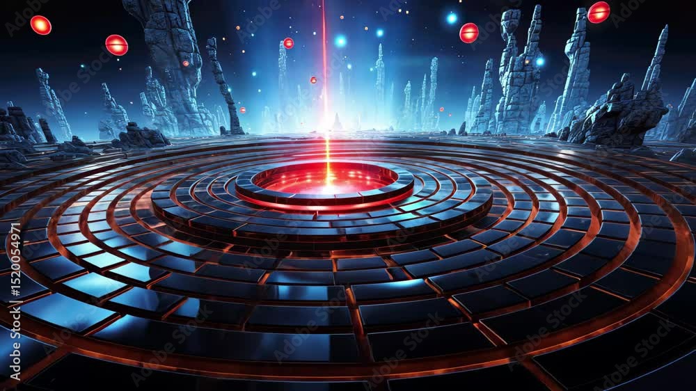 Poster Stunning futuristic landscape with glowing circular patterns and towering rock formations in a vibrant 4K setting