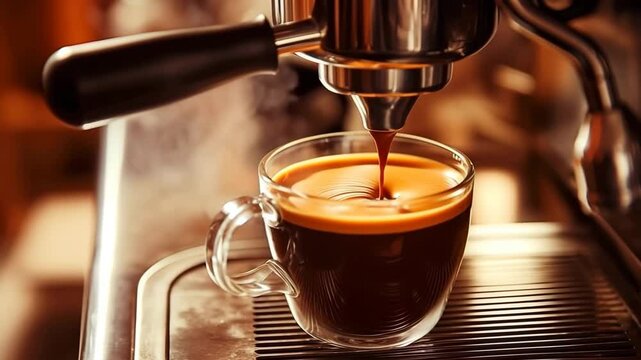 Professional coffee machine brewing espresso, coffee pouring into small mug, copy space