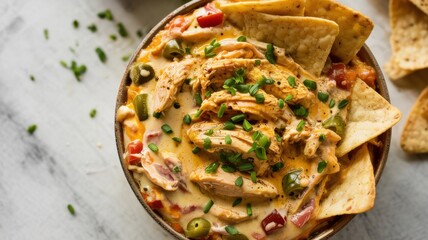 Chicken queso sauce. Queso is thick and homogeneous, chicken pieces, tomatoes, green chili peppers and seasonings of black pepper and cumin are added to it. The sauce is garnished with green onions.