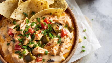 Chicken queso sauce. Queso is thick and homogeneous, chicken pieces, tomatoes, green chili peppers and seasonings of black pepper and cumin are added to it. The sauce is garnished with green onions.