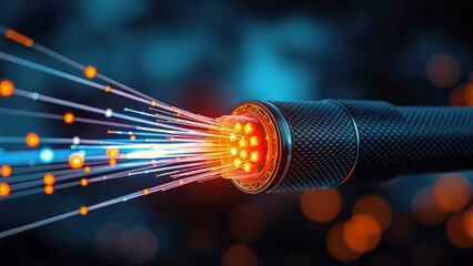 Glowing Fiber Optic Cable Transmitting Data