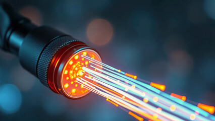 Glowing Fiber Optic Cable Transmitting Data
