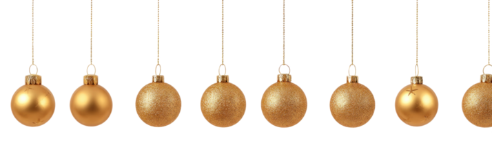Golden Ornaments: A row of exquisite golden Christmas ornaments, suspended delicately against an elegant backdrop, casting a warm, festive glow for the holidays.