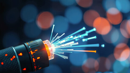 Glowing Fiber Optic Cable Transmitting Data