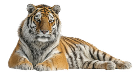 Obraz premium Majestic Tiger in repose: A striking tiger, with vibrant orange and black stripes, reclines gracefully, exuding strength and tranquility. A captivating wildlife portrait.