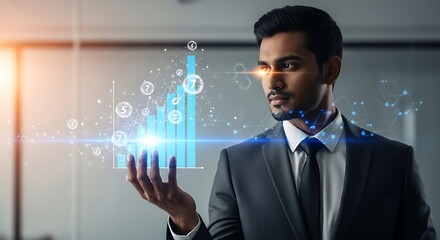 Serious businessman analyzes digital bar graph data with futuristic visual effects of blue light and icons in a modern office setting with a blurred background.